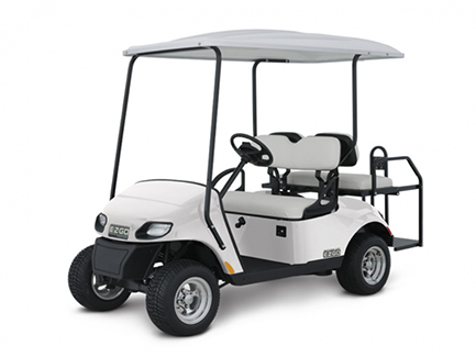 White EZ-GO 2Five 4 Passenger golf cart against a blank background.