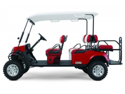 Red EZ-GO 6 Passenger golf car against a blank background.